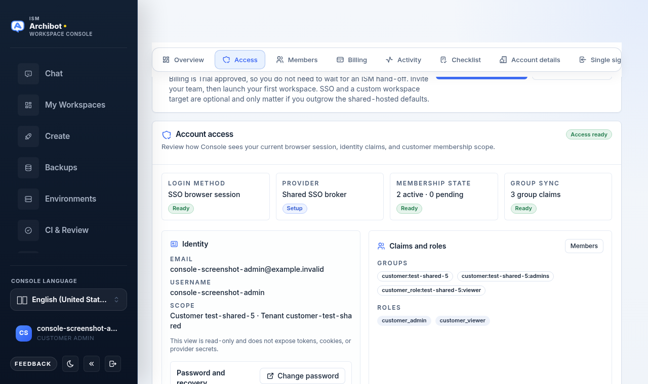 Account access Identity panel with the Change password button in the Password and recovery box.