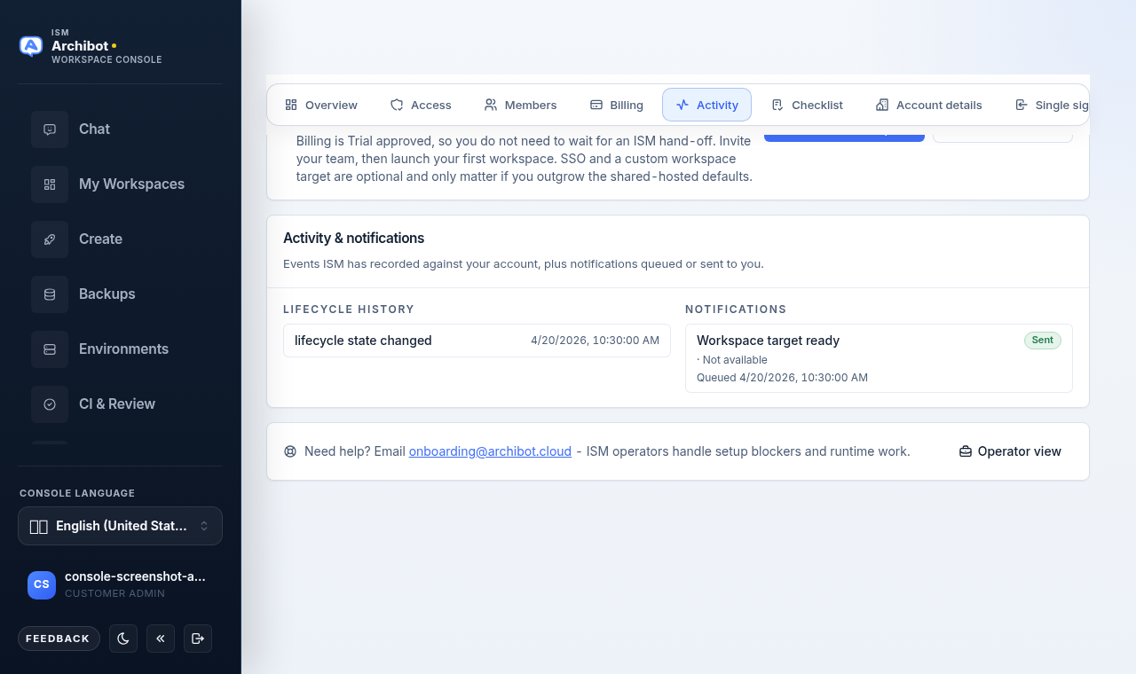 The Activity tab in Account Setup showing a lifecycle history column and a notifications column.