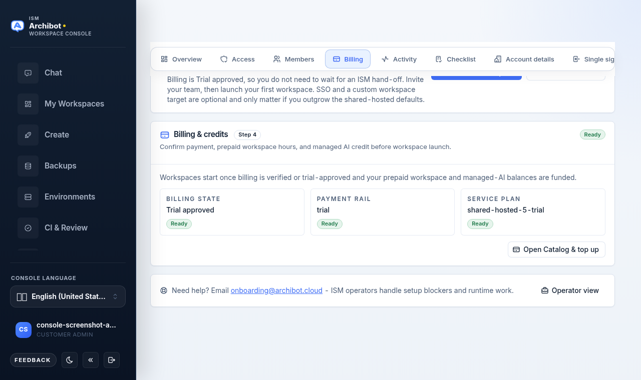Billing section showing Billing state, Payment rail, and Service plan tiles with Ready badges.