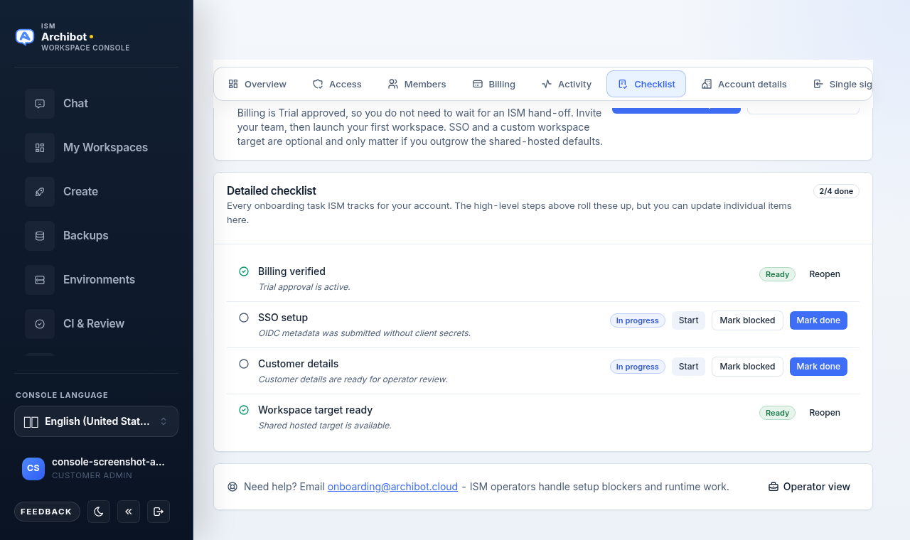 Detailed checklist with tasks such as Billing verified and SSO setup, each with Start, Mark blocked, Mark done, or Reopen controls.