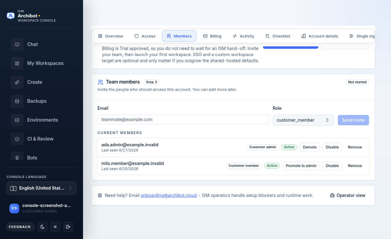 Members section with the invite row and a list of current members showing role, status, and lifecycle actions.