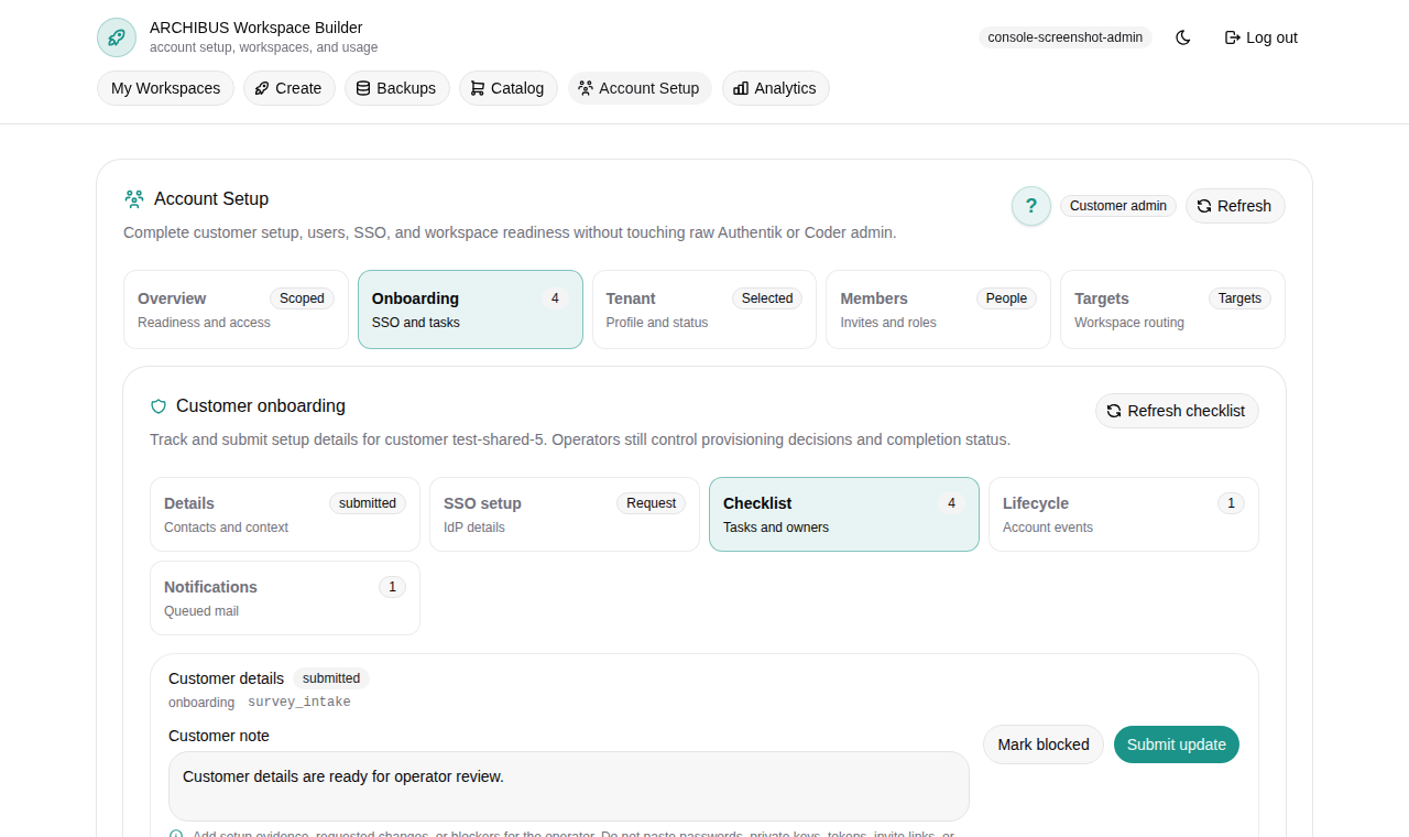Console-rendered Account Setup page with safe customer details, onboarding checklist, and setup sections.