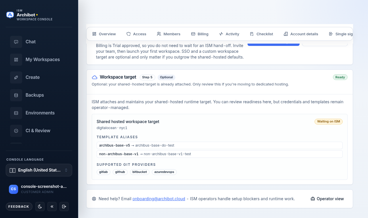 Workspace target section showing the shared-hosted target, template aliases, and supported Git providers.