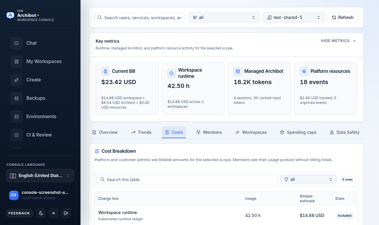 Analytics filter bar and key metric cards above the tab row, with the Costs tab selected.