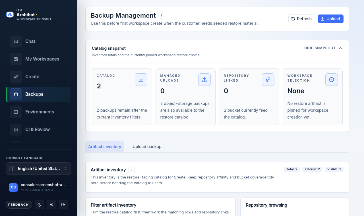 Backup Management with the catalog snapshot expanded, showing the Catalog, Managed uploads, Repository linked, and Workspace selection metrics above the Artifact inventory and Upload backup tabs.