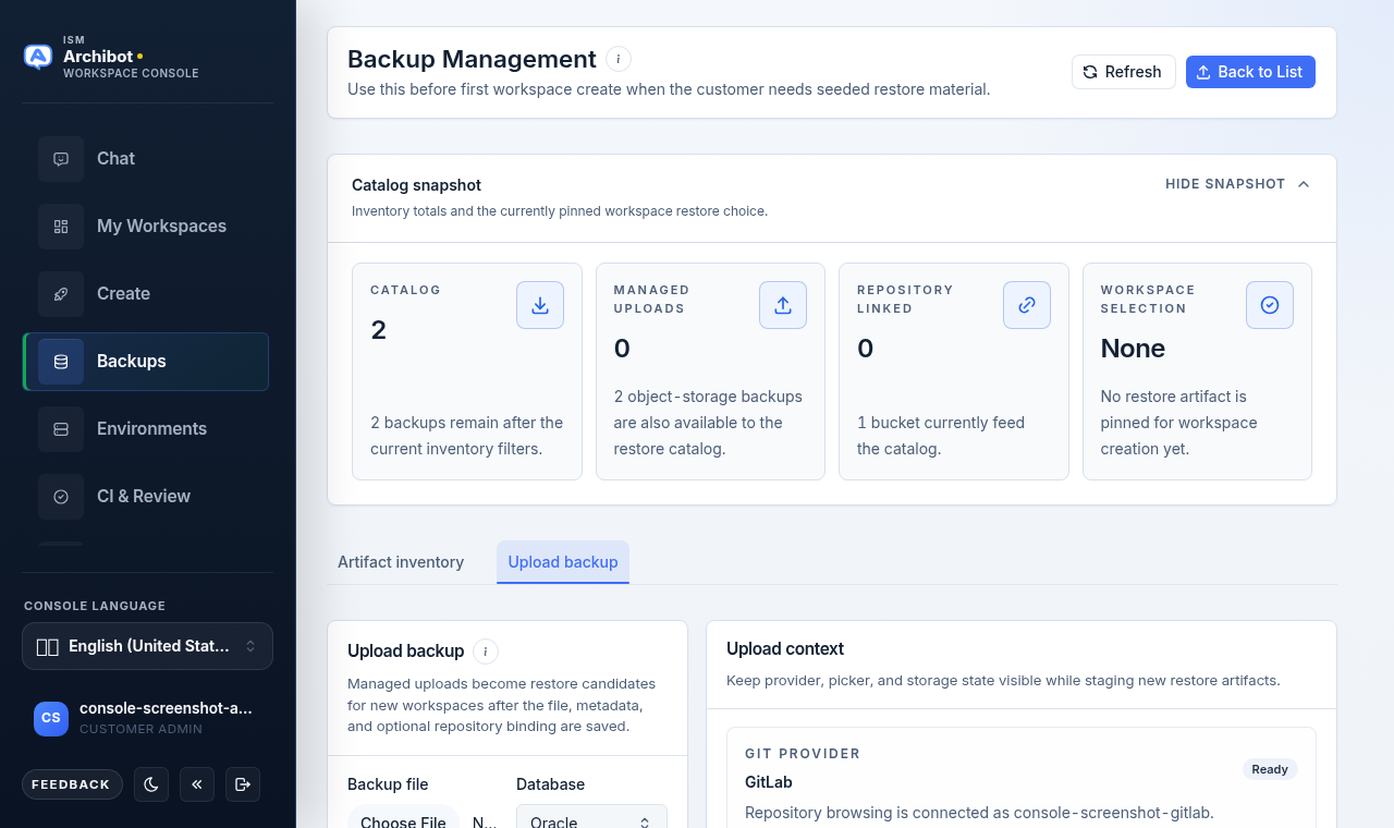 Upload backup tab with the backup file picker, database selector, display name, backup date, and Upload context side panel showing the connected Git provider.