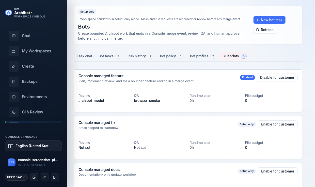 Blueprints tab listing Console managed feature, fix, and docs workflows with review, QA, runtime, and file-budget details and enable controls.