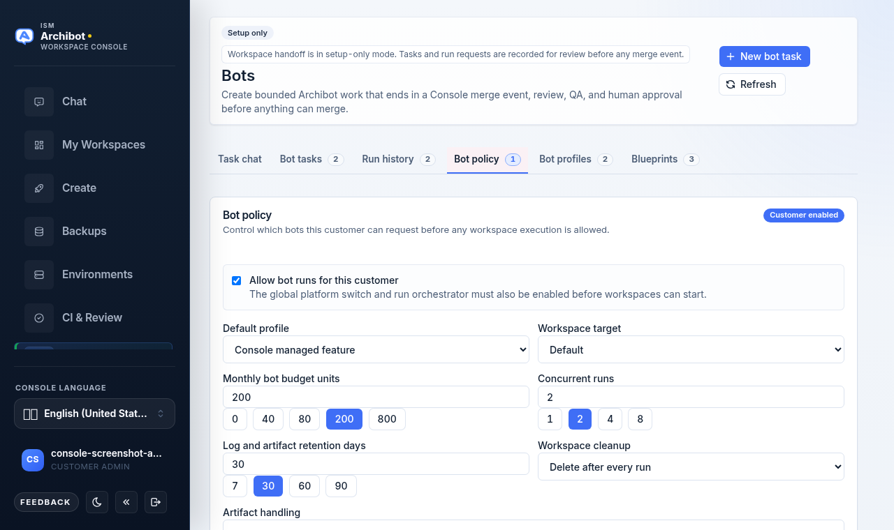 Bot policy tab with the Allow bot runs toggle, default profile and workspace target, budget and concurrent-run presets, retention, and workspace cleanup controls.