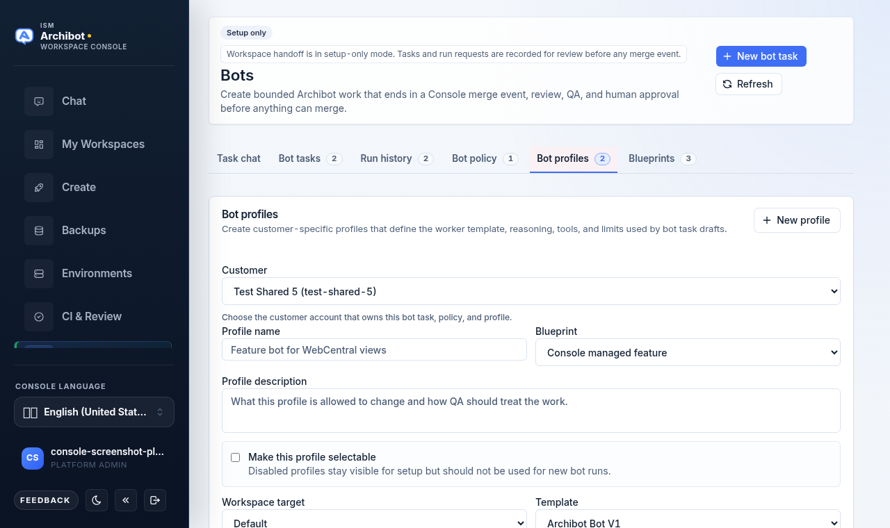 Bot profiles tab with the customer selector, profile name and blueprint fields, description, a Make this profile selectable toggle, and template and runtime settings.