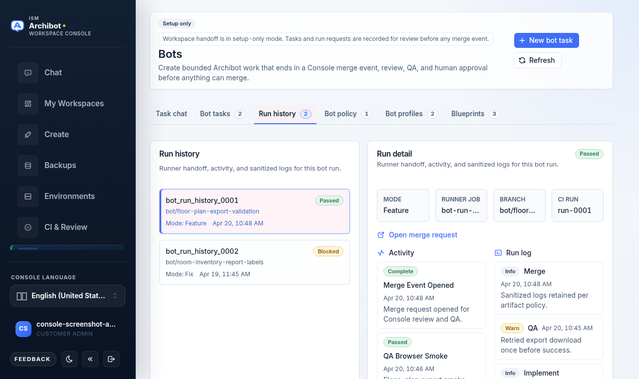 Run history tab with a list of run requests on the left and a Run detail panel showing mode, branch, activity, and an Open merge request action.