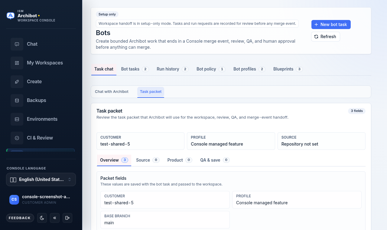 Task packet view with Customer, Profile, and Source summary cards above the Overview, Source, Product, and QA & save sub-tabs.