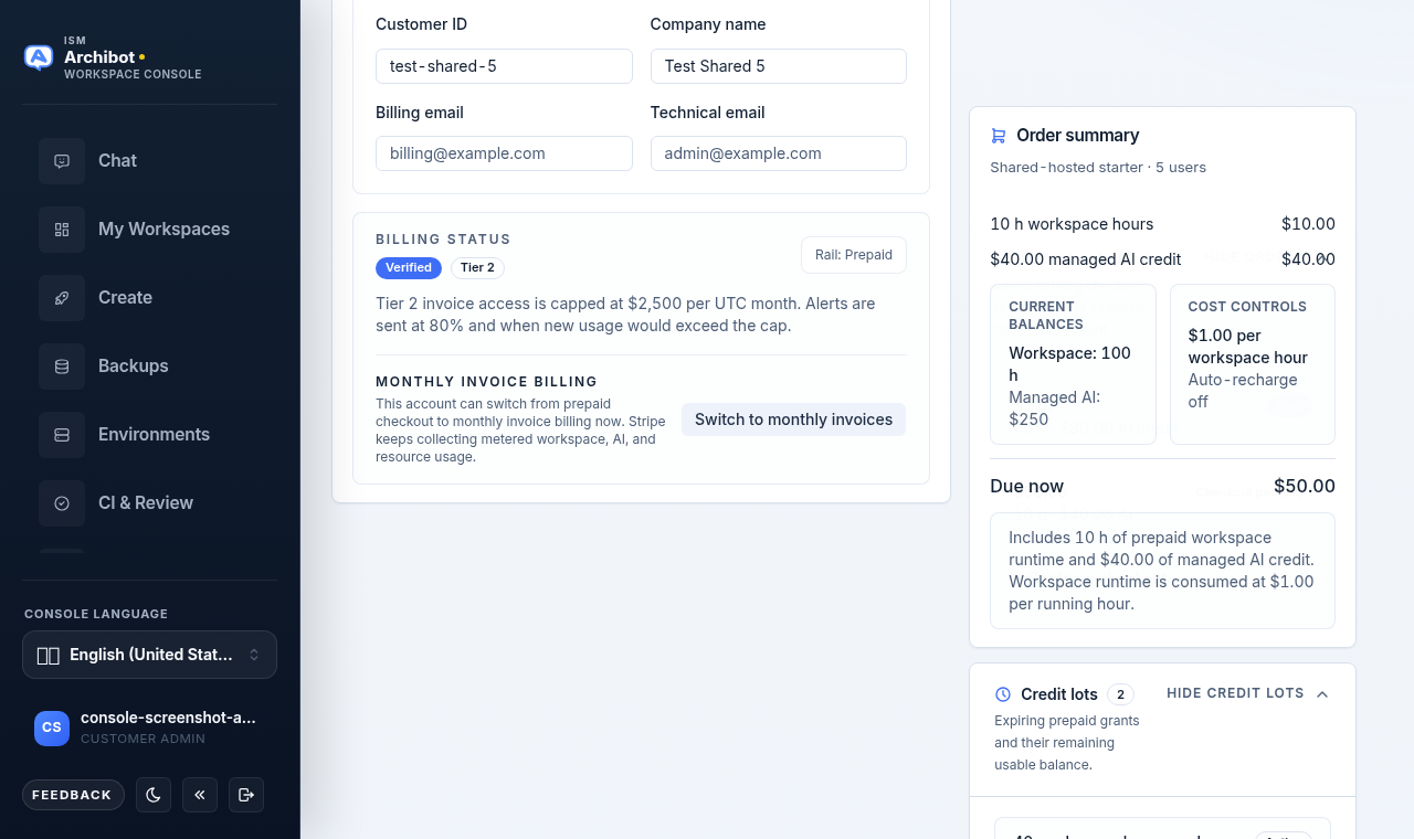 Billing account tab with billing details summary, billing status, monthly invoice billing, and a Switch to monthly invoices button.