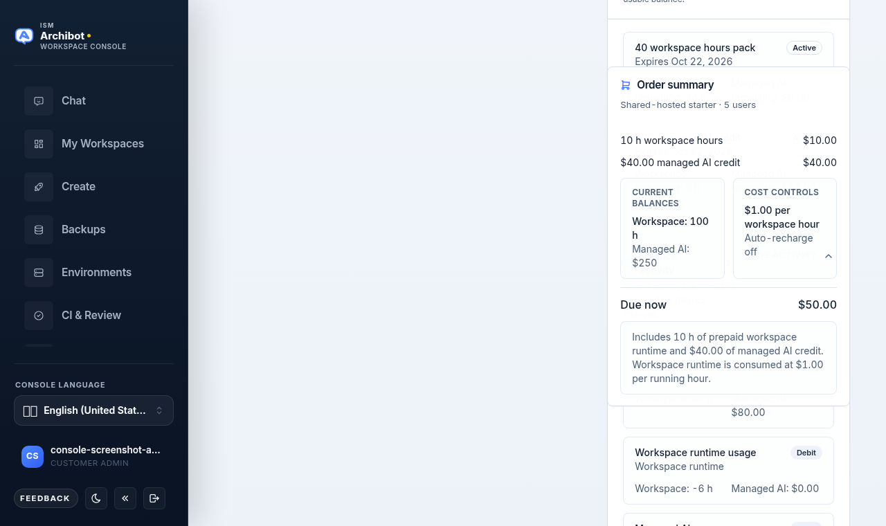 Balance activity panel listing recent credit and debit entries with workspace and managed AI deltas.
