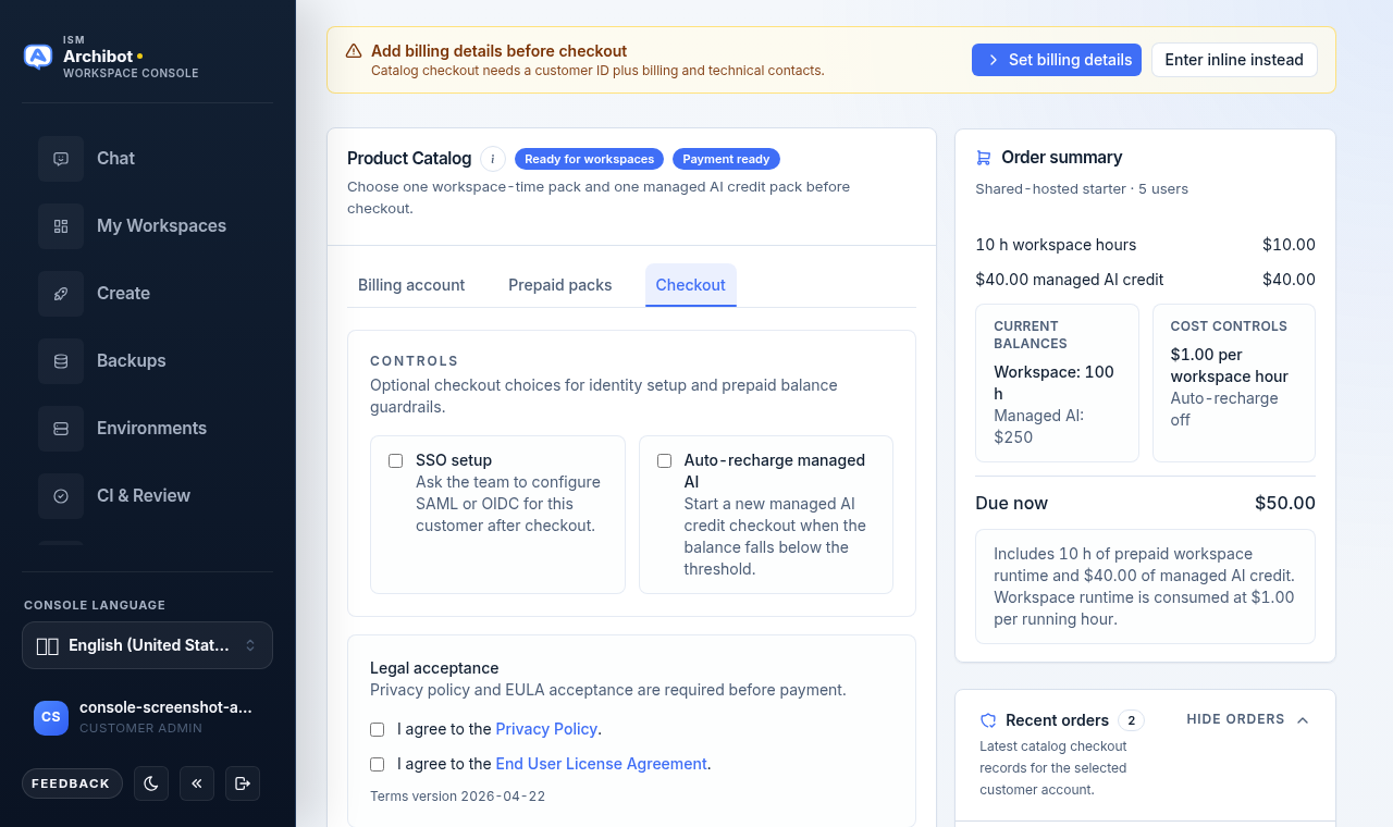 Product Catalog Checkout tab with SSO setup and auto-recharge checkboxes, legal acceptance checkboxes, and the Continue to payment button.