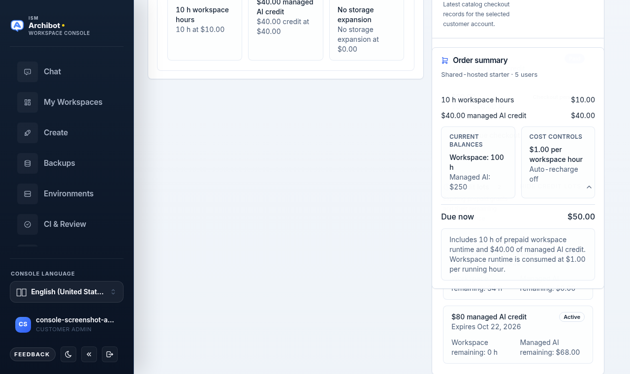Credit lots panel showing prepaid grants with remaining workspace hours and managed AI credit and an expiry date.