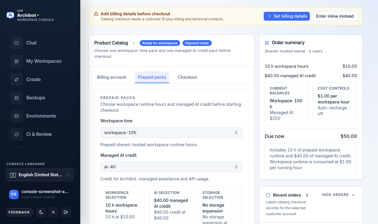 Product Catalog Prepaid packs tab with workspace-time and managed AI dropdowns and a three-card selection summary.