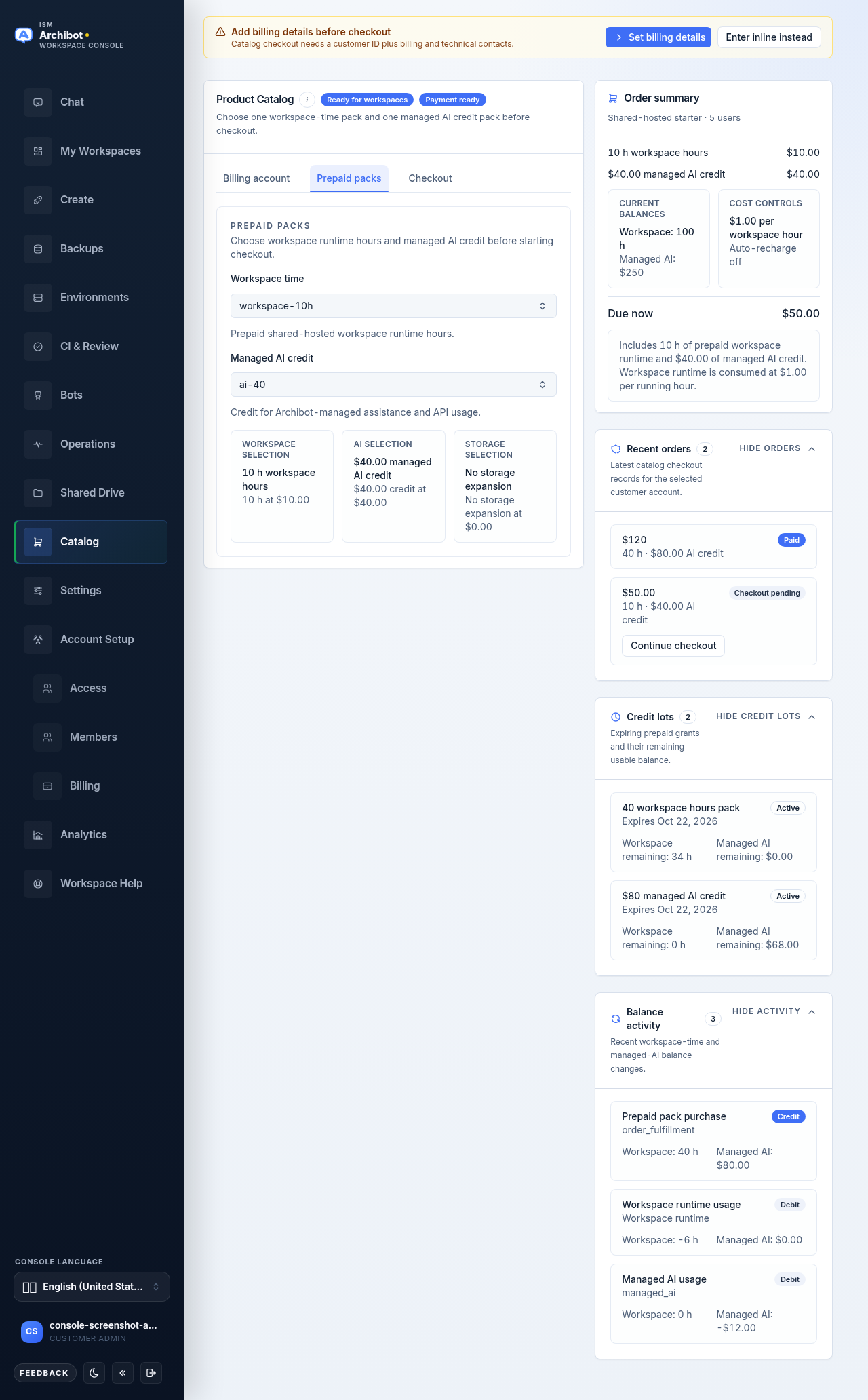 Product Catalog Billing account view with the Recent orders list showing pack totals, included hours and AI credit, and status badges on safe example data.