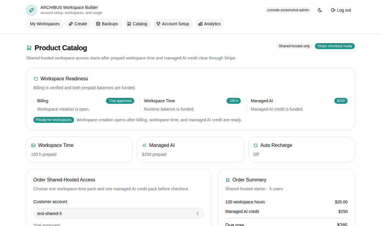 Console-rendered Product Catalog page with safe workspace packs, managed AI credit, and readiness state.