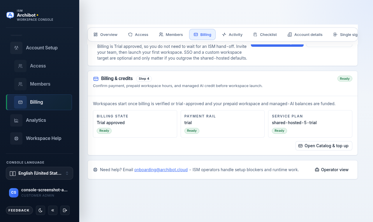 ArchibotChat Billing screen showing remaining and used credits, account status, monthly budget controls, and the current plan card.