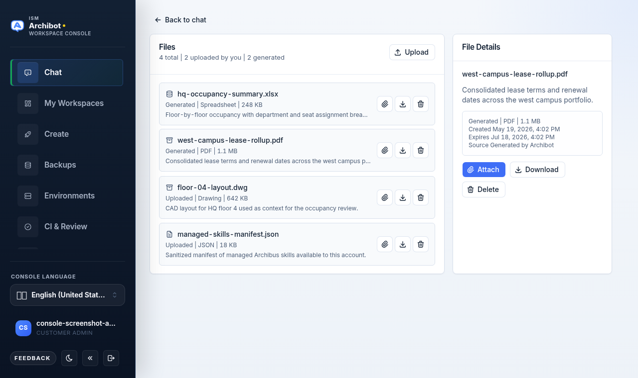 ArchibotChat File Details pane for a PDF showing summary, created and expiry dates, source, and Attach, Download, and Delete buttons.