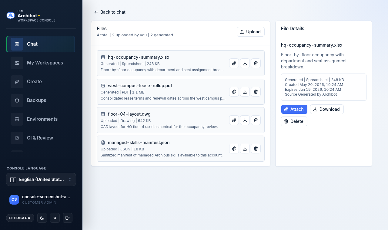 ArchibotChat Files screen with a two-pane layout, file list on the left and File Details on the right, on safe example data.