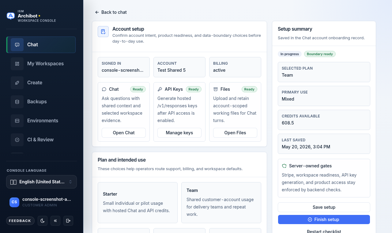 The ArchibotChat Setup screen with account access, plan and intended use, and a setup summary showing chat access and available credits.