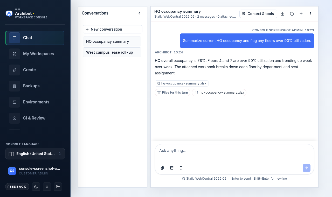 ArchibotChat open in the Console with the Chat surface selected, a conversation list, an example HQ occupancy answer, and the composer.
