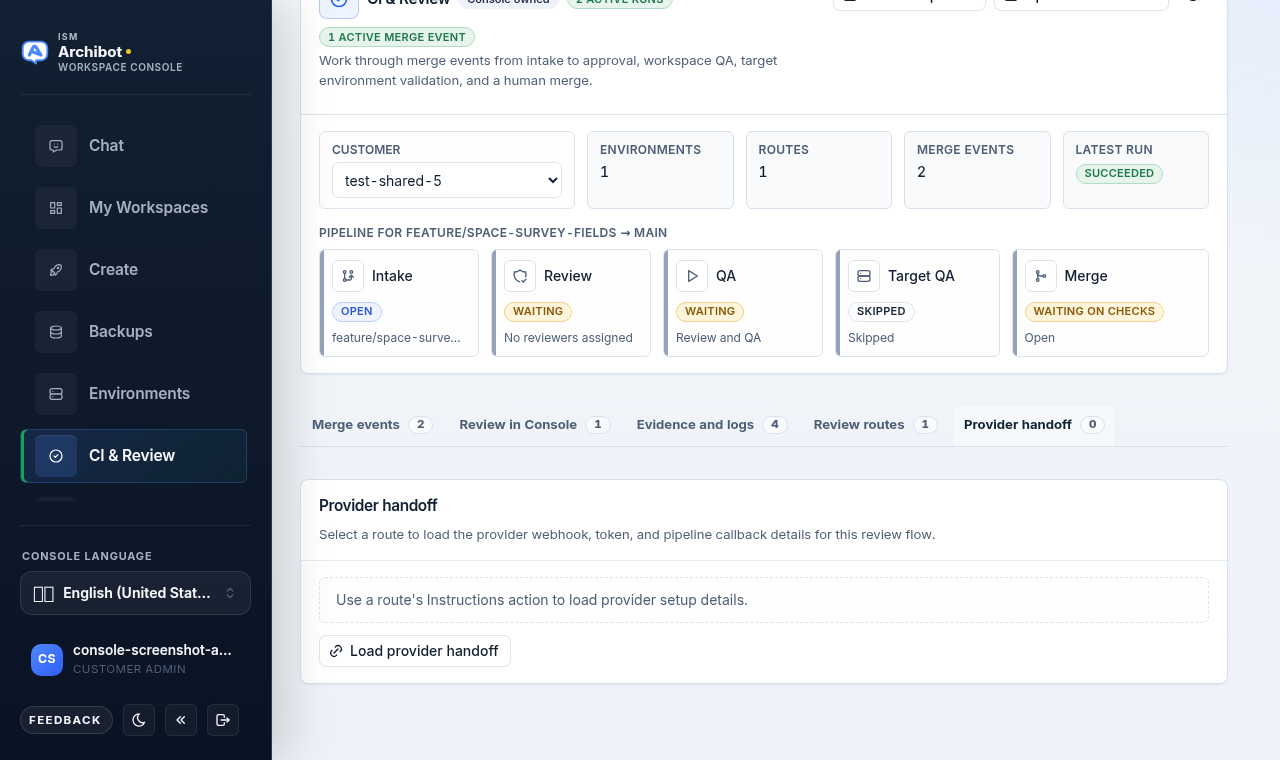 Provider handoff tab with the readiness pipeline and the prompt to load a route's setup details on safe data.