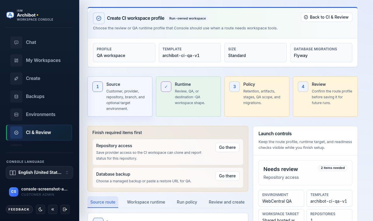 Create CI workspace profile wizard with the Source, Runtime, Policy, and Review steps and a launch panel on safe data.