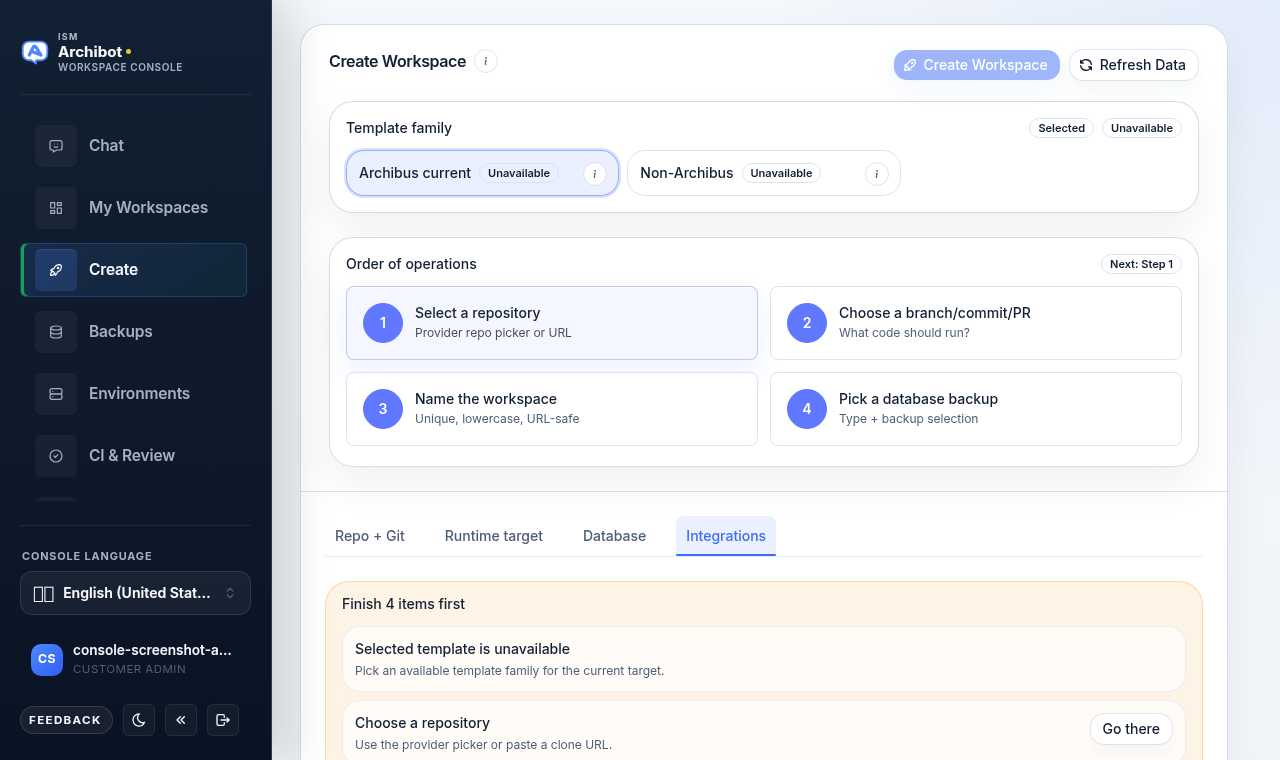 Integrations tab open with a launch-readiness card reading "Finish 4 items first", listing an unavailable template and a missing repository with a Go there action.