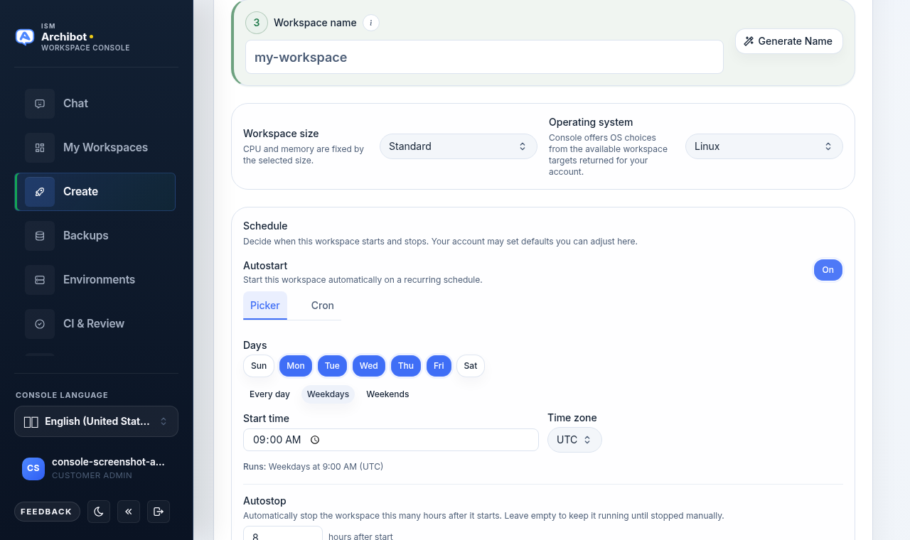 Create Workspace Schedule card with autostart enabled, showing the day picker, start time, time zone, and the autostop hours field.