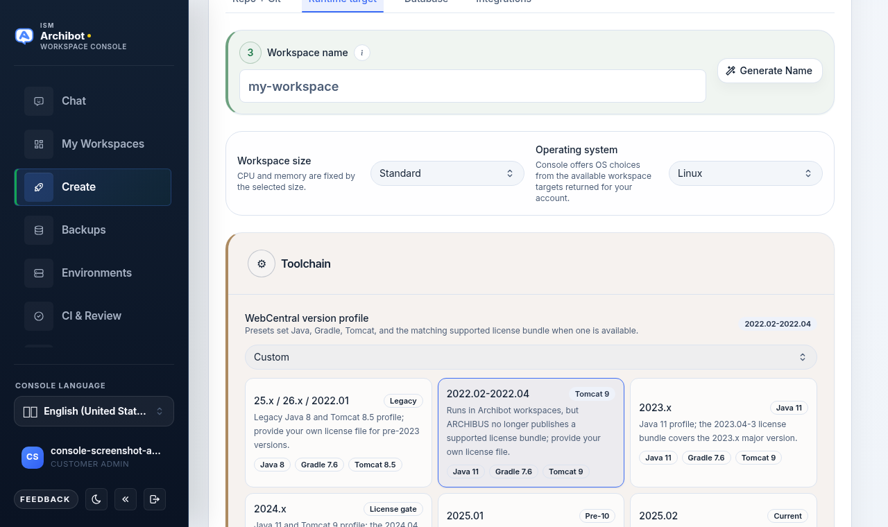 Runtime target tab showing the Workspace name field with Generate Name, the Workspace size and Operating system selectors, and the Toolchain WebCentral version profile cards.