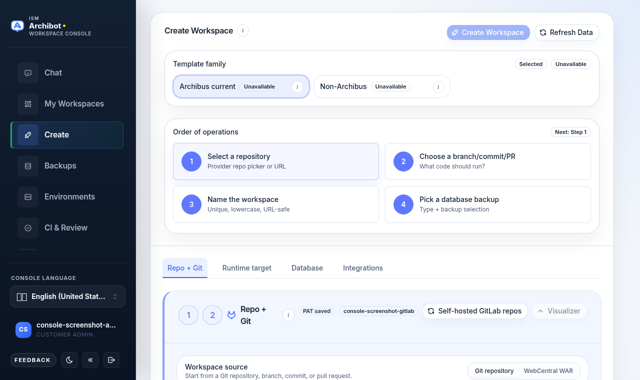 Create Workspace in the Console with template family, the Order of operations cards, and the Repo + Git, Runtime target, Database, and Integrations tabs. The left nav has no Presets entry.