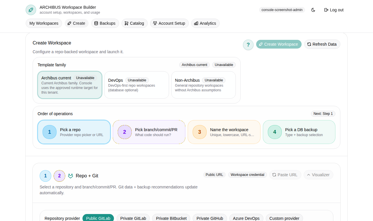 Console-rendered Create Workspace page with safe repository access, template choice, and create readiness.