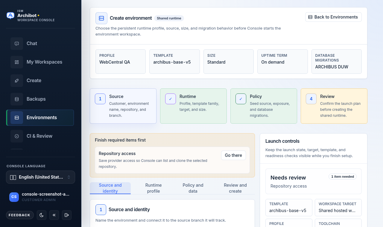 Create environment wizard showing the Source, Runtime, Policy, and Review steps with a launch panel on safe data.