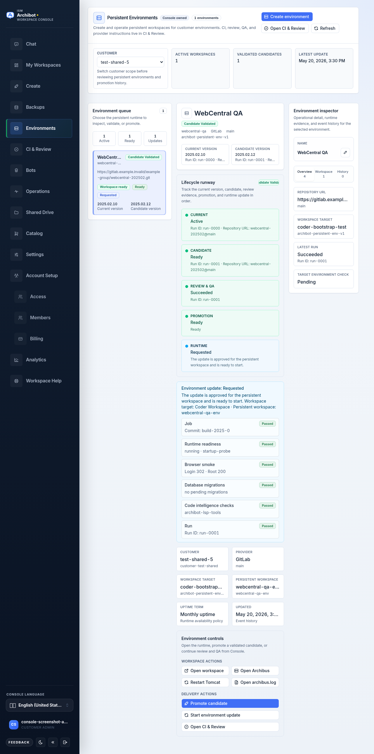 Persistent Environments with a candidate version validated and an update requested, showing the current and candidate versions plus Promote candidate and Start environment update actions.