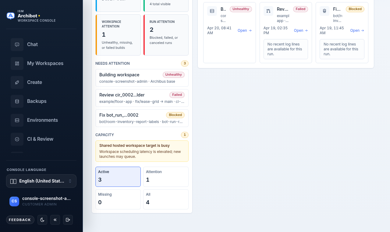 Operations inbox sidebar with metric tiles, Needs attention rows, a capacity alert, and the workspace filter pills.