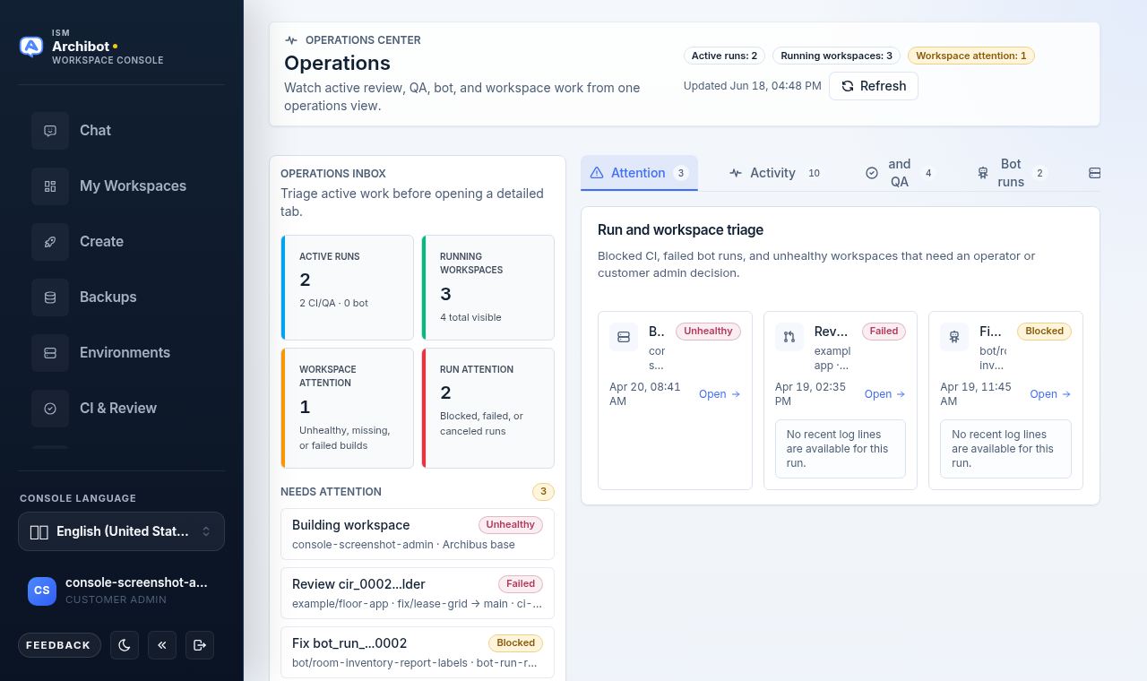 Operations Attention tab showing run and workspace triage cards with status badges and inline log previews.