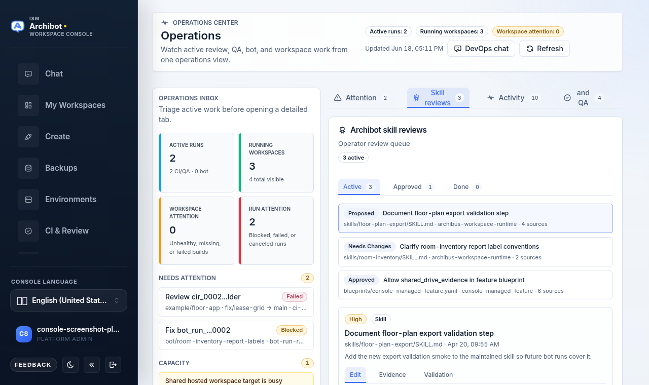 Operations Skill reviews tab with the review queue on the left and the selected review detail with Edit, Evidence, and Validation tabs on the right.