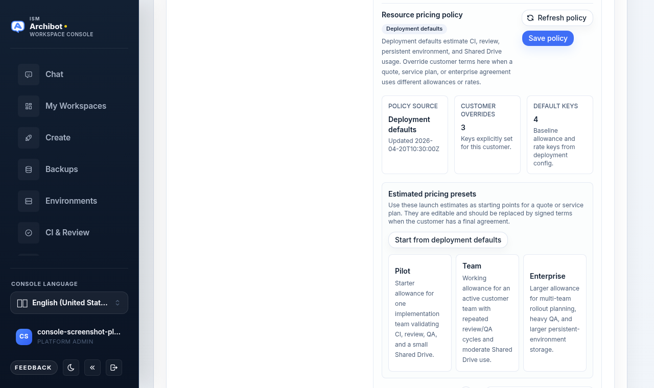 Console Resource pricing policy panel with policy source, customer overrides, default keys, and Pilot, Team, and Enterprise estimate presets.