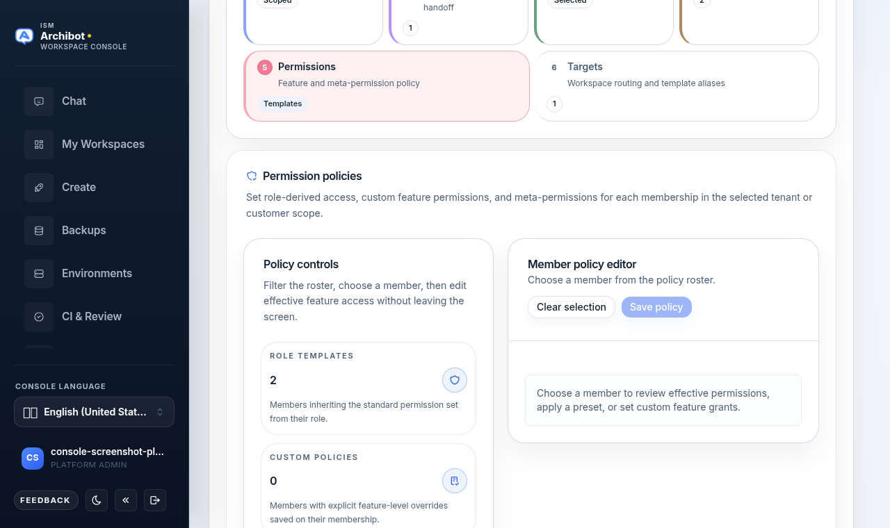 Console Permission policies editor with Policy controls metrics on the left and the Member policy editor on the right.