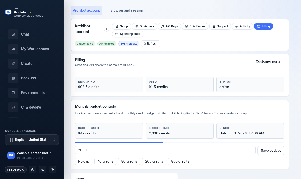 Billing tab showing remaining and used credits, status, and monthly budget controls with quick-set credit buttons.