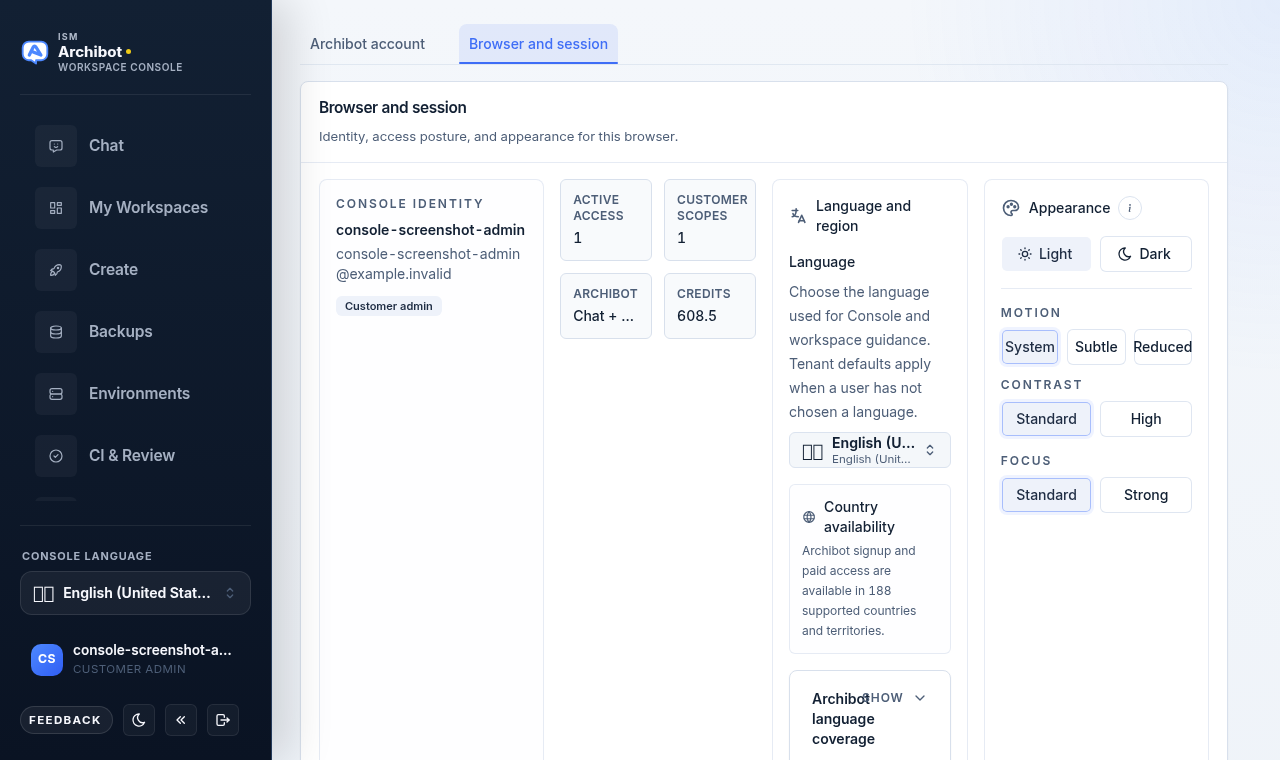 Browser and session tab showing console identity, access metrics, language and region, and appearance controls on safe example data.