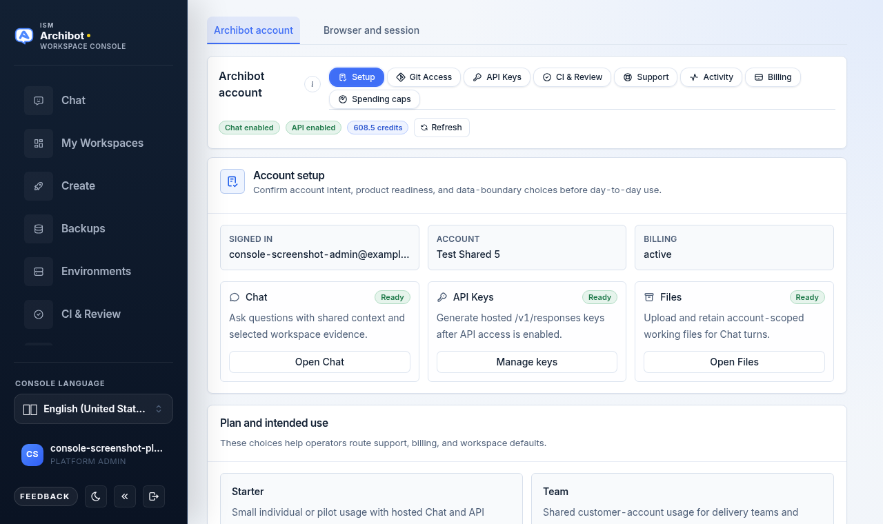 Archibot account tab with pills, status badges, and account setup cards on safe example data.