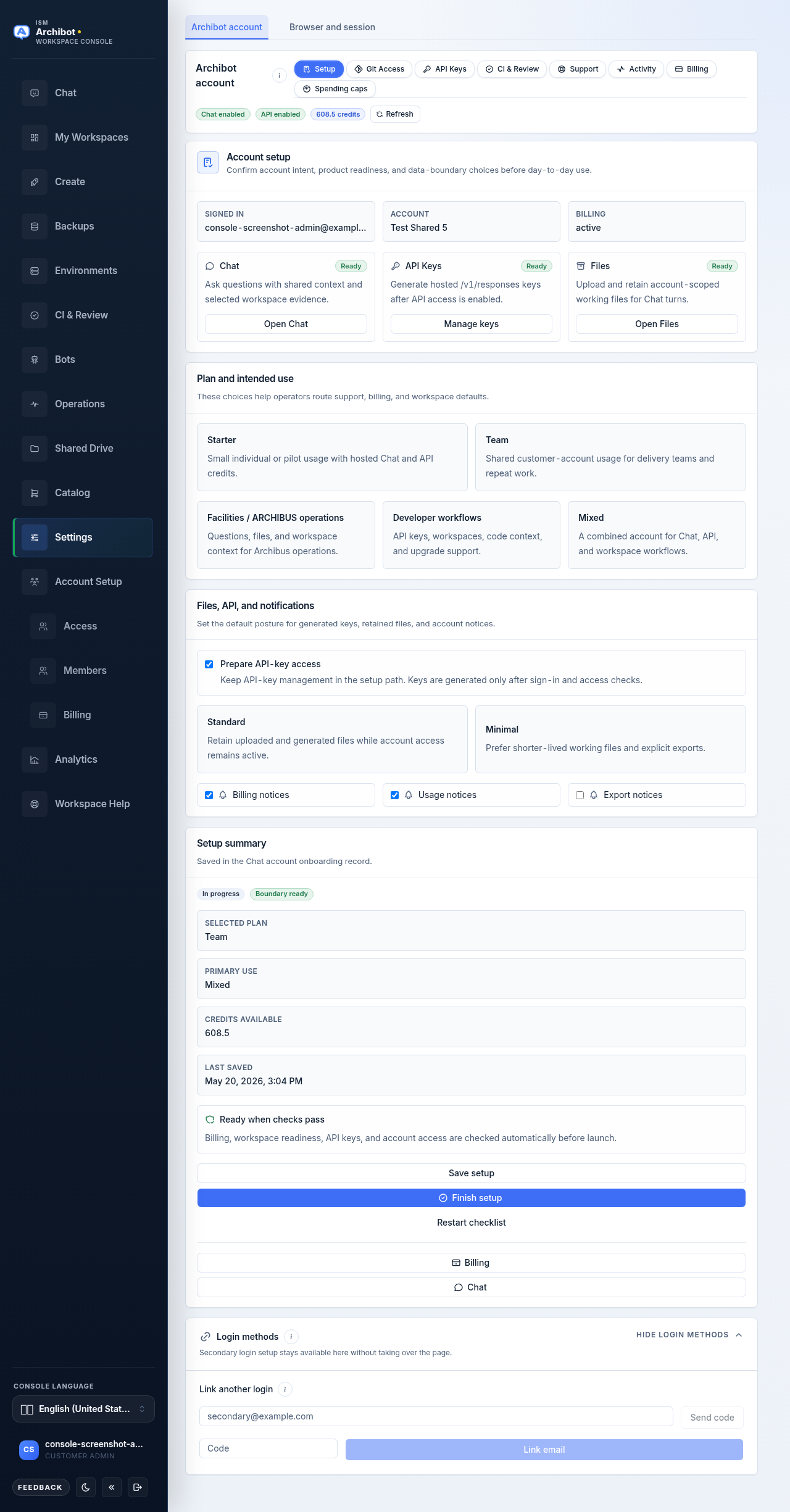 The Setup tab inside the Archibot account section of Settings, showing the Account setup card, plan and intended use choices, and the Setup summary side panel.