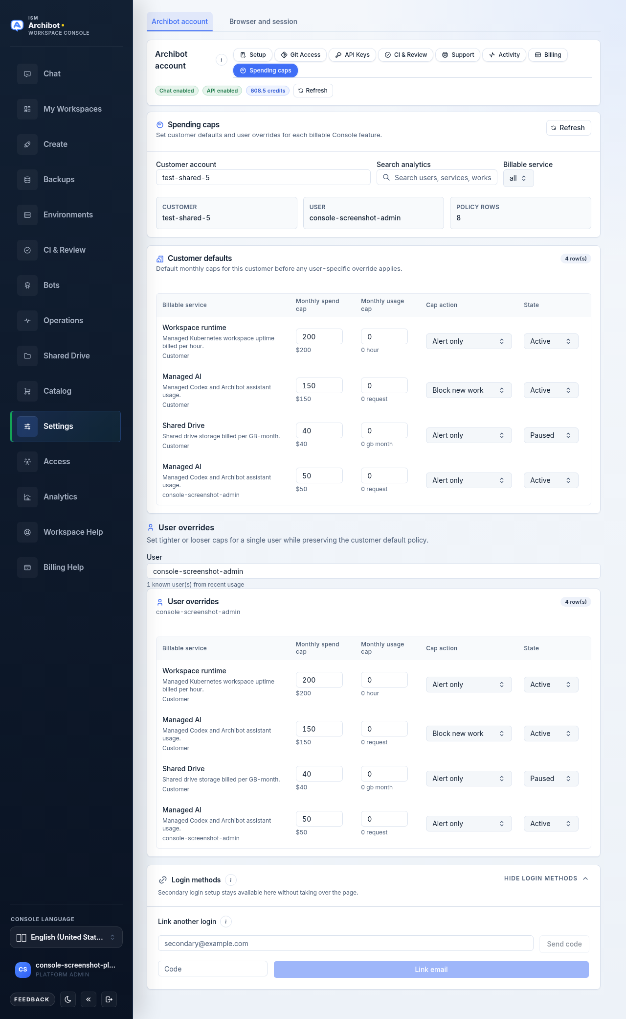 Spending caps editor with customer and user selectors and the customer defaults and user overrides tables on safe example data.