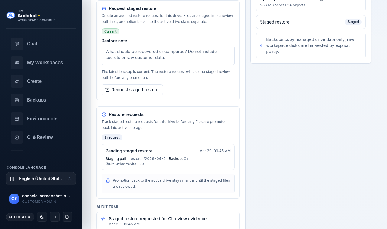 Shared Drive Backups and restore tab with a Request staged restore form, a Restore requests list, and an audit trail entry.
