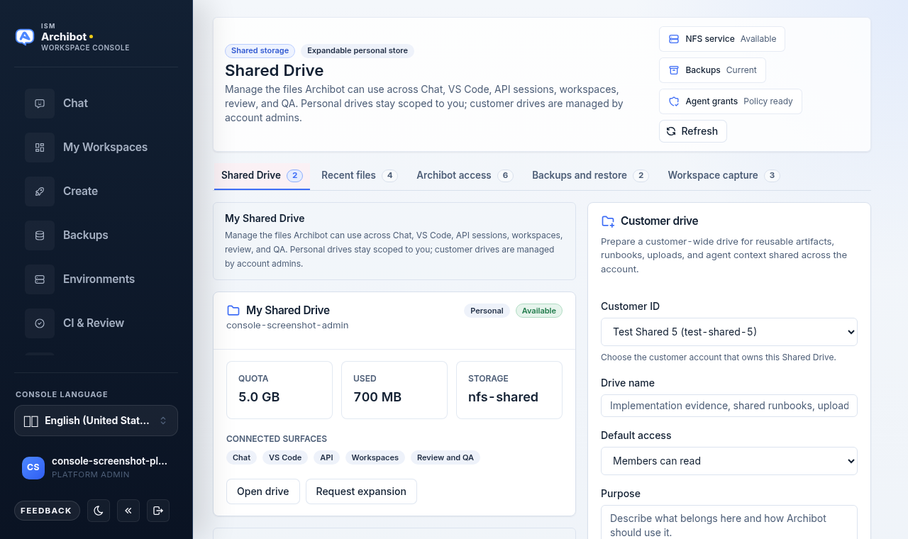 Shared Drive tab with the Customer drive creation panel showing Customer ID, Drive name, Default access, and Purpose fields beside the drive list.