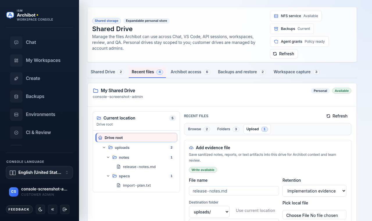 Shared Drive Upload sub-tab with the Add evidence file form: File name, Destination folder, Retention, and Pick local file.