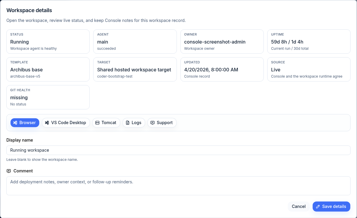 Workspace details dialog with status cards, launch buttons, display name, and comment fields